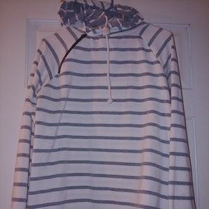 White and grey striped double hooded sweatshirt